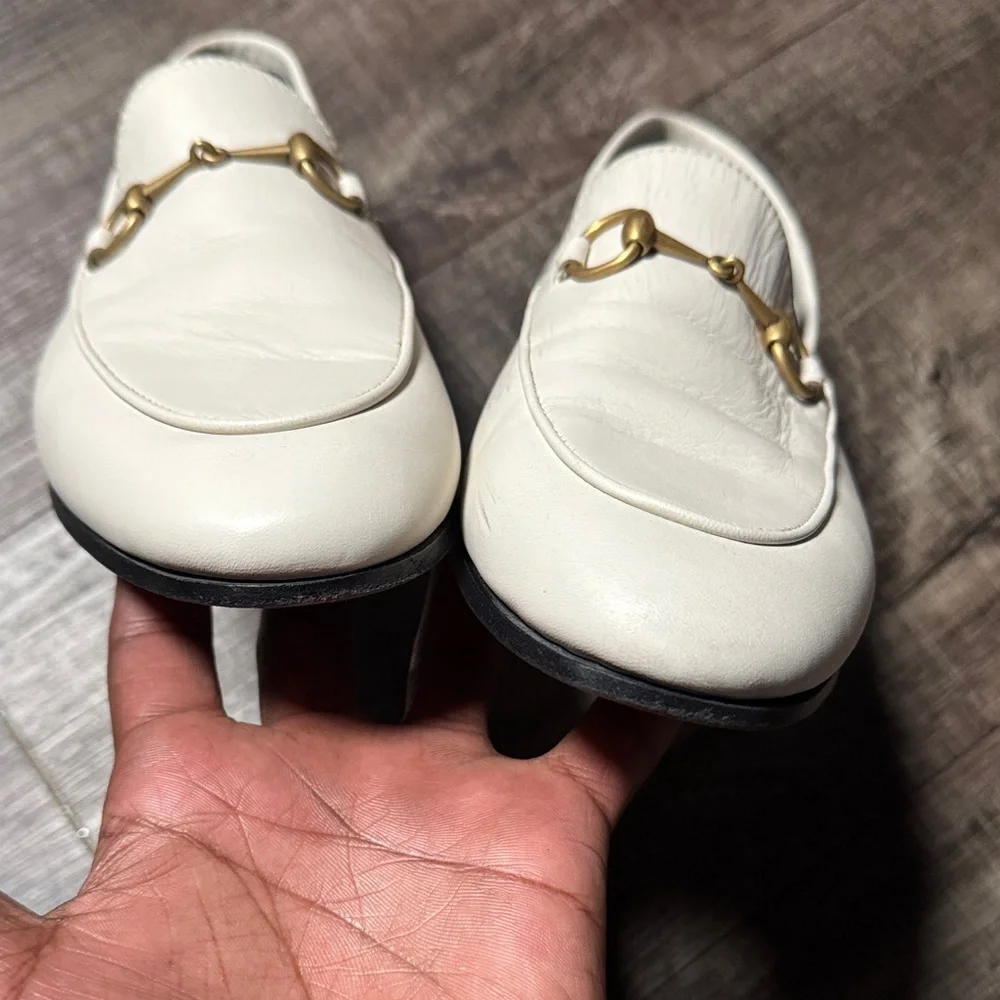 Gucci Brixton Horsebit White Leather Loafers with Gold Hardware - Picture 7 of 14